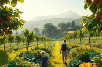 A serene sunlit landscape showcasing an organic field filled with diverse vegetables and fruits.