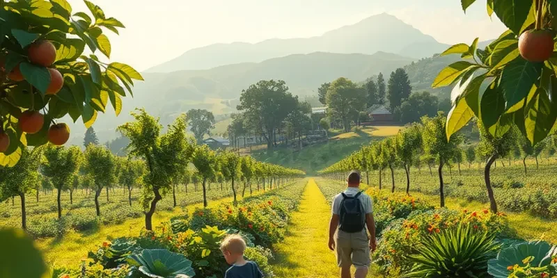 A serene sunlit landscape showcasing an organic field filled with diverse vegetables and fruits.