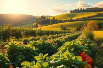 A sunlit field showcasing healthy fruits and vegetables in a natural setting.