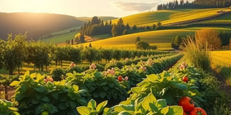 A sunlit field showcasing healthy fruits and vegetables in a natural setting.