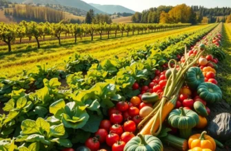 A bright field full of vegetables and fruits under the sun, representing a high-nutrient density diet.