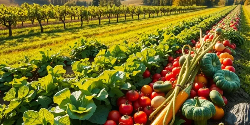 A bright field full of vegetables and fruits under the sun, representing a high-nutrient density diet.