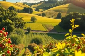A bright and inviting field displaying a variety of organic vegetables and fruits under warm light.