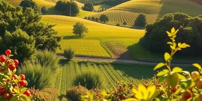 A bright and inviting field displaying a variety of organic vegetables and fruits under warm light.
