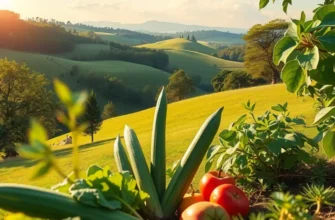 A scenic view featuring lush greenery and vibrant organic produce.