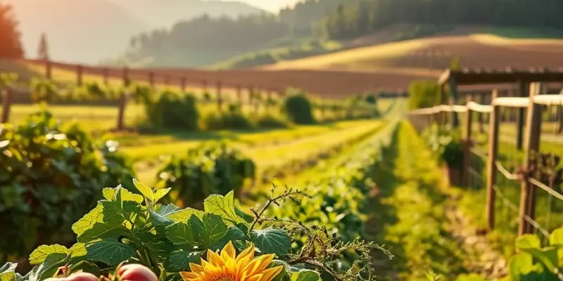 A picturesque orchard filled with vibrant fruits and vegetables, symbolizing healthy nutrition.