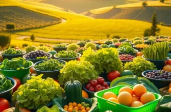 A picturesque view of a sunlit field abundant with vibrant fruits and vegetables, representing outdoor dining culture.