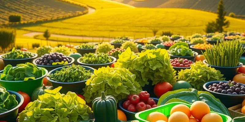 A picturesque view of a sunlit field abundant with vibrant fruits and vegetables, representing outdoor dining culture.