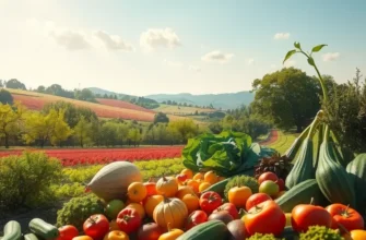 Vibrant sunlit field with an abundance of vegetables and fruits, symbolizing healthy eating.