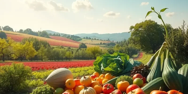 Vibrant sunlit field with an abundance of vegetables and fruits, symbolizing healthy eating.