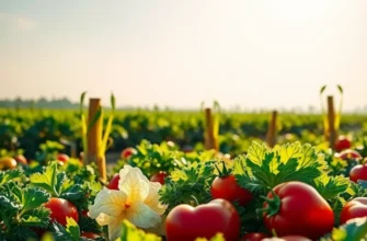 A scenic landscape showcasing a sunlit field filled with vibrant fruits and vegetables among lush greenery.