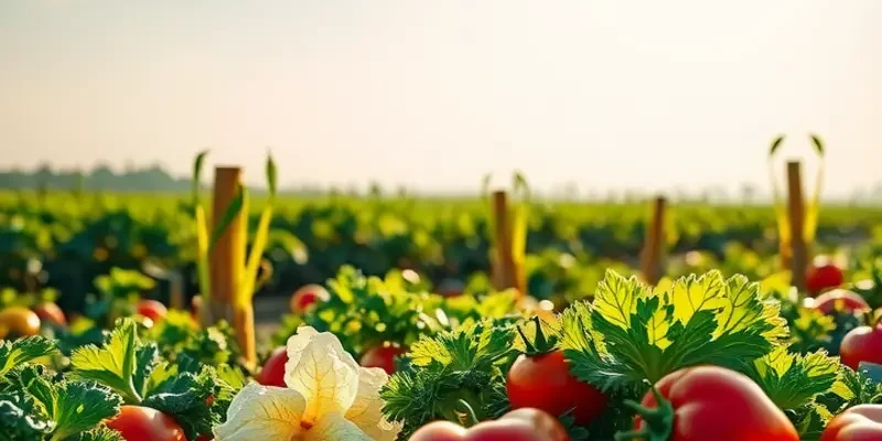 A scenic landscape showcasing a sunlit field filled with vibrant fruits and vegetables among lush greenery.
