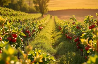 Scenic landscape depicting a field of diverse organic produce surrounded by greenery.