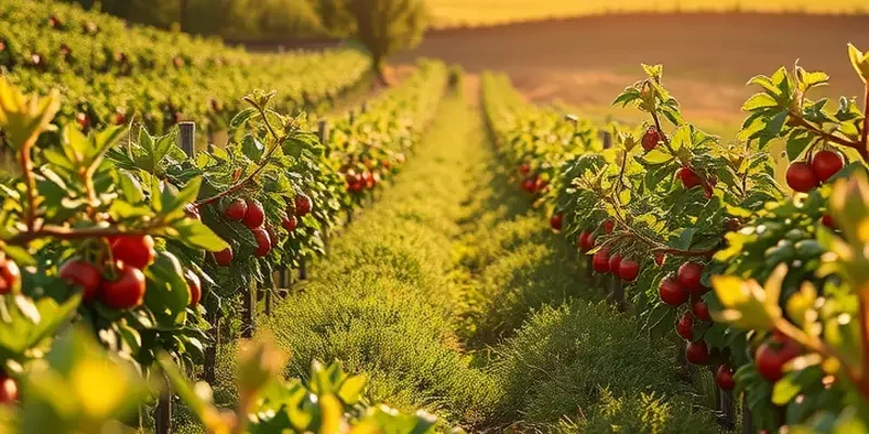 Scenic landscape depicting a field of diverse organic produce surrounded by greenery.