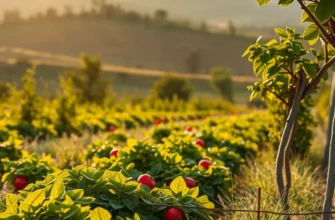 A photorealistic landscape of a sunlit field with vibrant vegetables and fruits among lush greenery.
