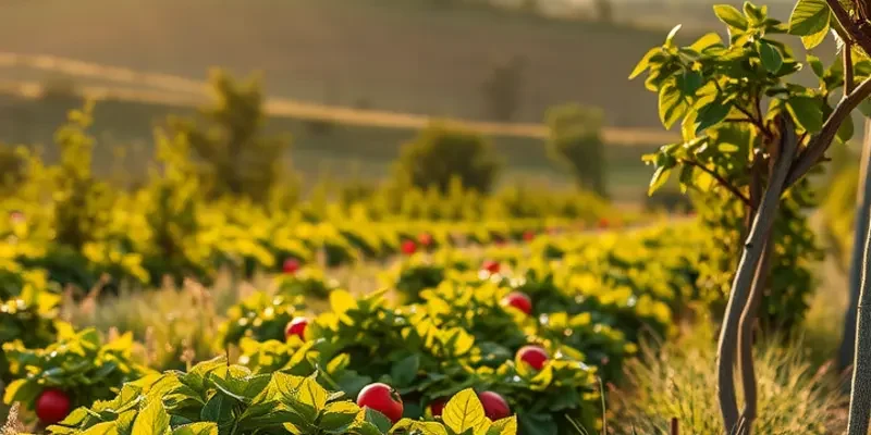 A photorealistic landscape of a sunlit field with vibrant vegetables and fruits among lush greenery.