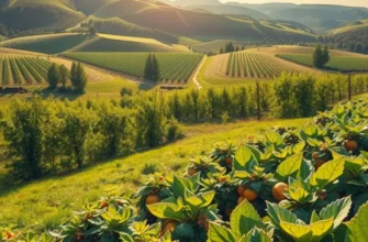 A photorealistic landscape depicting a sunlit orchard filled with vibrant vegetables amidst lush greenery.