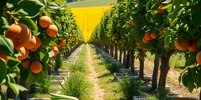A scenic orchard showcasing various vegetables and fruits surrounded by lush greenery.