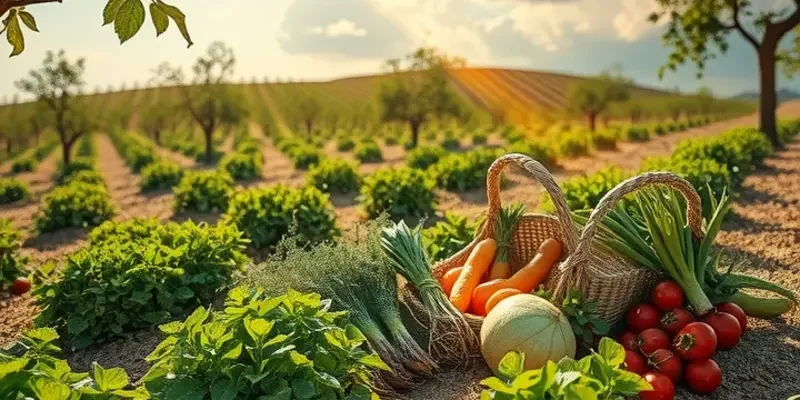 A scenic view of an organic farm showcasing vibrant vegetables and fruits.