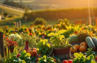 A serene view of an organic farm field under sunlight, showcasing healthy crops.