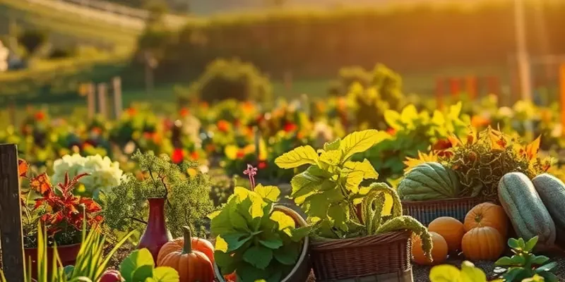 A serene view of an organic farm field under sunlight, showcasing healthy crops.