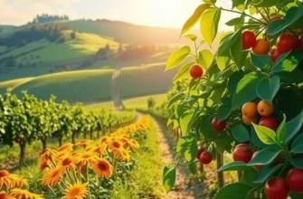 A lush sunlit landscape depicting vibrant fruits and vegetables, representing health and mindfulness in eating.