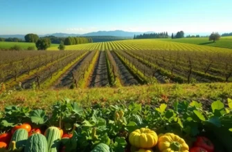 A tranquil field showcasing vibrant vegetables and fruits amid lush greenery, representing the principles of sustainable agriculture.