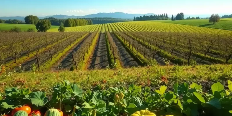 A tranquil field showcasing vibrant vegetables and fruits amid lush greenery, representing the principles of sustainable agriculture.