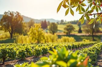 A beautiful, sunlit landscape filled with organic fruits and vegetables thriving in nature.