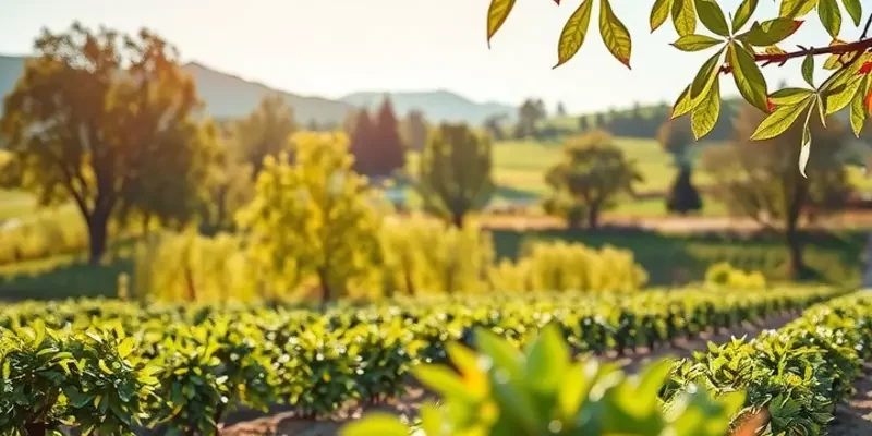 A beautiful, sunlit landscape filled with organic fruits and vegetables thriving in nature.