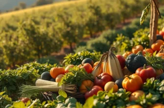 Vibrant vegetables and fruits in a scenic sunlit field highlighting a healthy lifestyle.