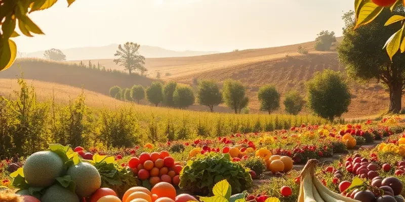 A tranquil scene of a vibrant orchard with healthy produce, ideal for a vegetarian ketogenic diet.