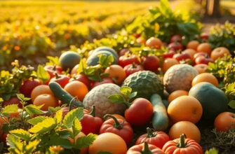 A scenic view of a field with vegetables and fruits basking in sunlight.