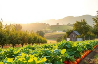 A picturesque landscape featuring a sunlit field filled with various fruits and vegetables, symbolizing fresh and healthy nutrition.