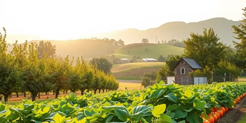A picturesque landscape featuring a sunlit field filled with various fruits and vegetables, symbolizing fresh and healthy nutrition.