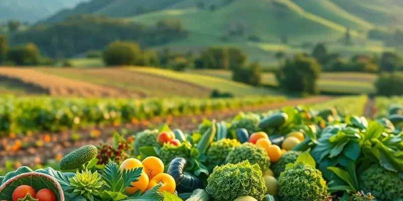 A peaceful sunlit field of organic produce highlighting the theme of eco-friendly food.