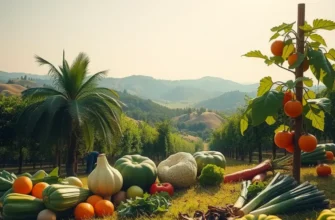 A scenic landscape showcasing a harmonious blend of fruits and vegetables in a natural setting.