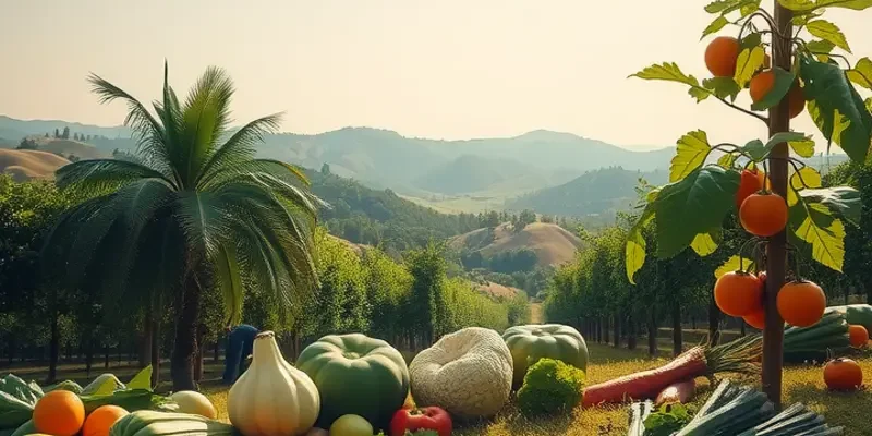 A scenic landscape showcasing a harmonious blend of fruits and vegetables in a natural setting.