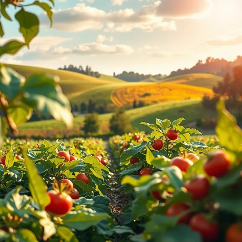 A sunlit field showcasing vibrant fruits and vegetables.