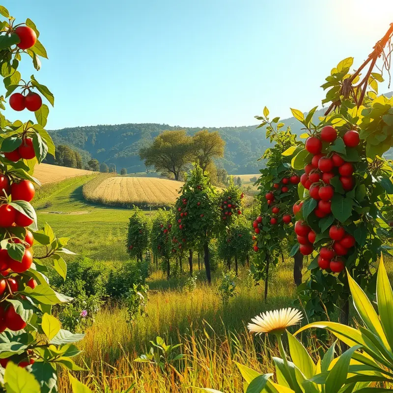 A vibrant sunlit field full of lush herbs and organic produce.