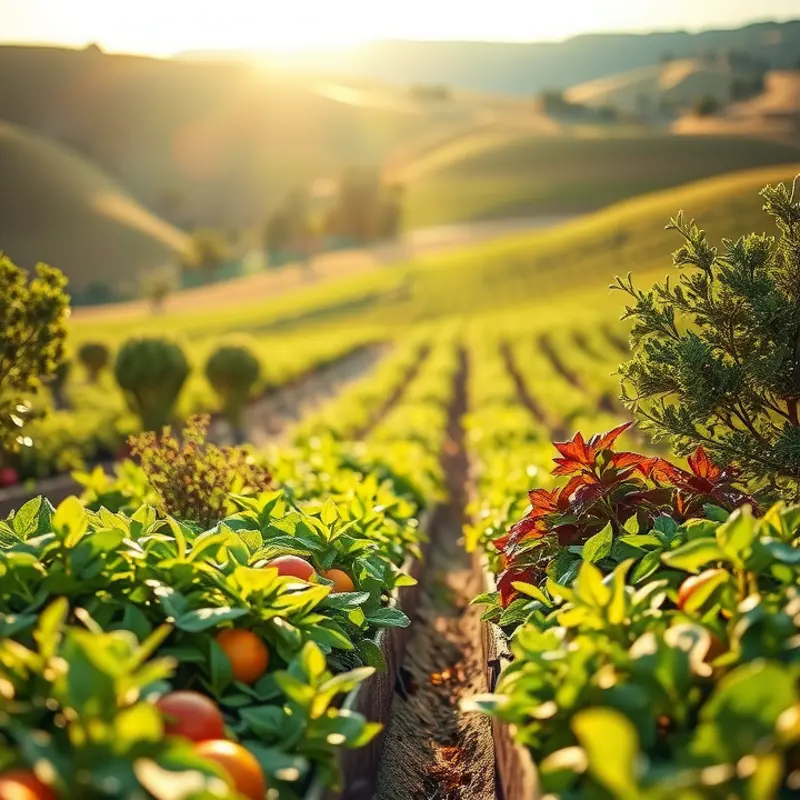 A vibrant orchard showcasing an abundance of organic vegetables and fruits.