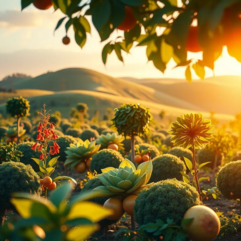A sunlit orchard showcasing lush fruits and vegetables.