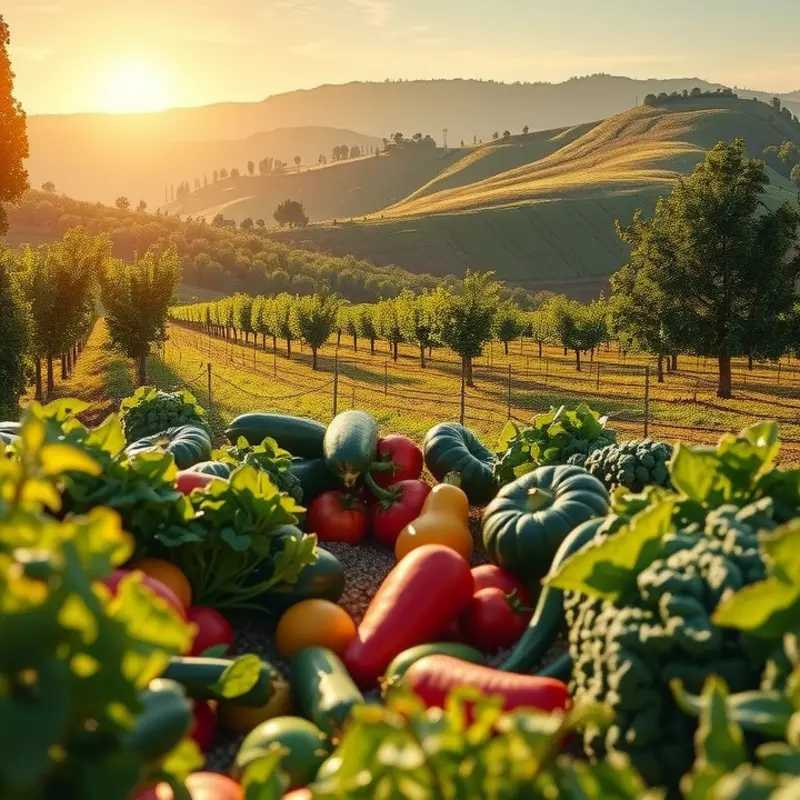A sunlit field brimming with fresh vegetables and fruits, symbolizing abundance.