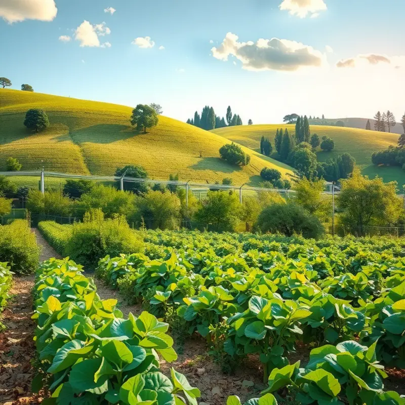 Vibrant vegetables and fruits thriving in a sunlit landscape.