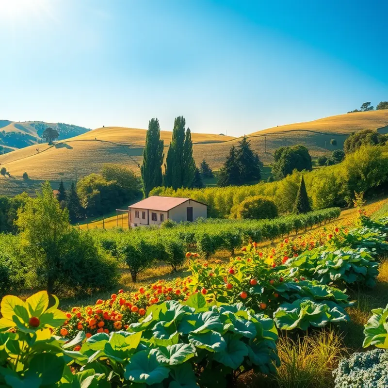 A lush organic field showcasing vibrant vegetables and fruits.