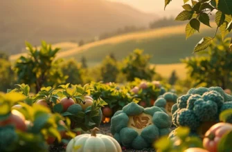 A serene natural landscape displaying vibrant fruits and vegetables in a warm, sunlit environment.