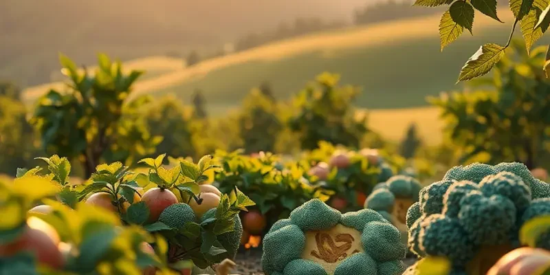 A serene natural landscape displaying vibrant fruits and vegetables in a warm, sunlit environment.