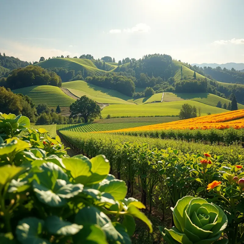 A sunlit field showcasing the abundance of organic vegetables and fruits.