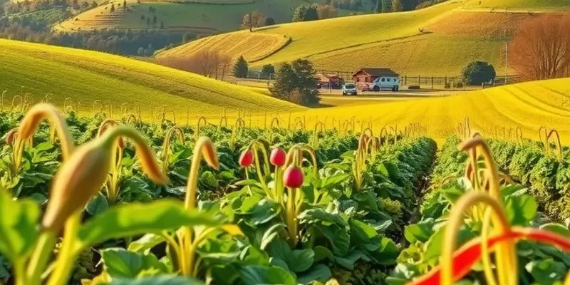 A sunny landscape showcasing an array of fresh produce in a natural setting, representing Cuban agriculture.