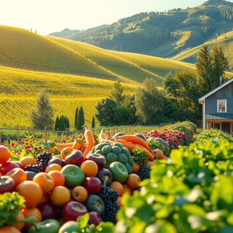 A sunlit field showcasing organic vegetables and fruits, reflecting the abundance of Cuban agriculture.